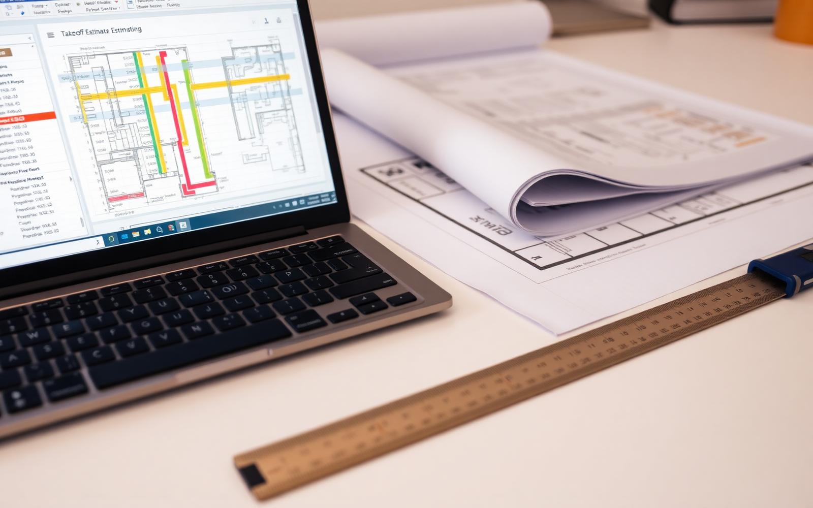 Takeoff software and blueprints on an estimator's desk